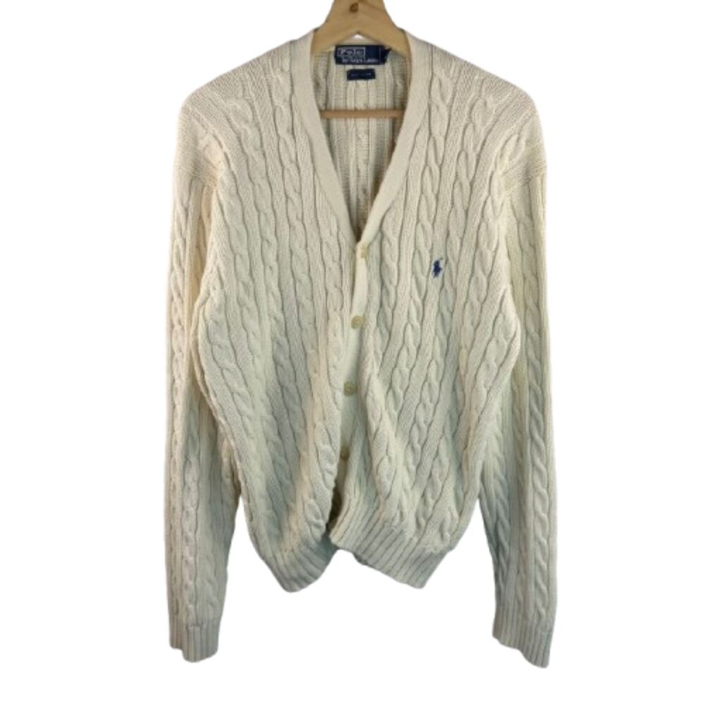 Polo Ralph Lauren Cable Knit Cardigan Sweater Men's Large Cream 100% Cotton